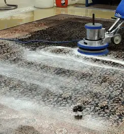 Professional rug cleaning with a rotary floor machine and shampoo foam, deep-cleaning an area rug Irvine, CA.
